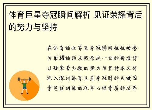 体育巨星夺冠瞬间解析 见证荣耀背后的努力与坚持